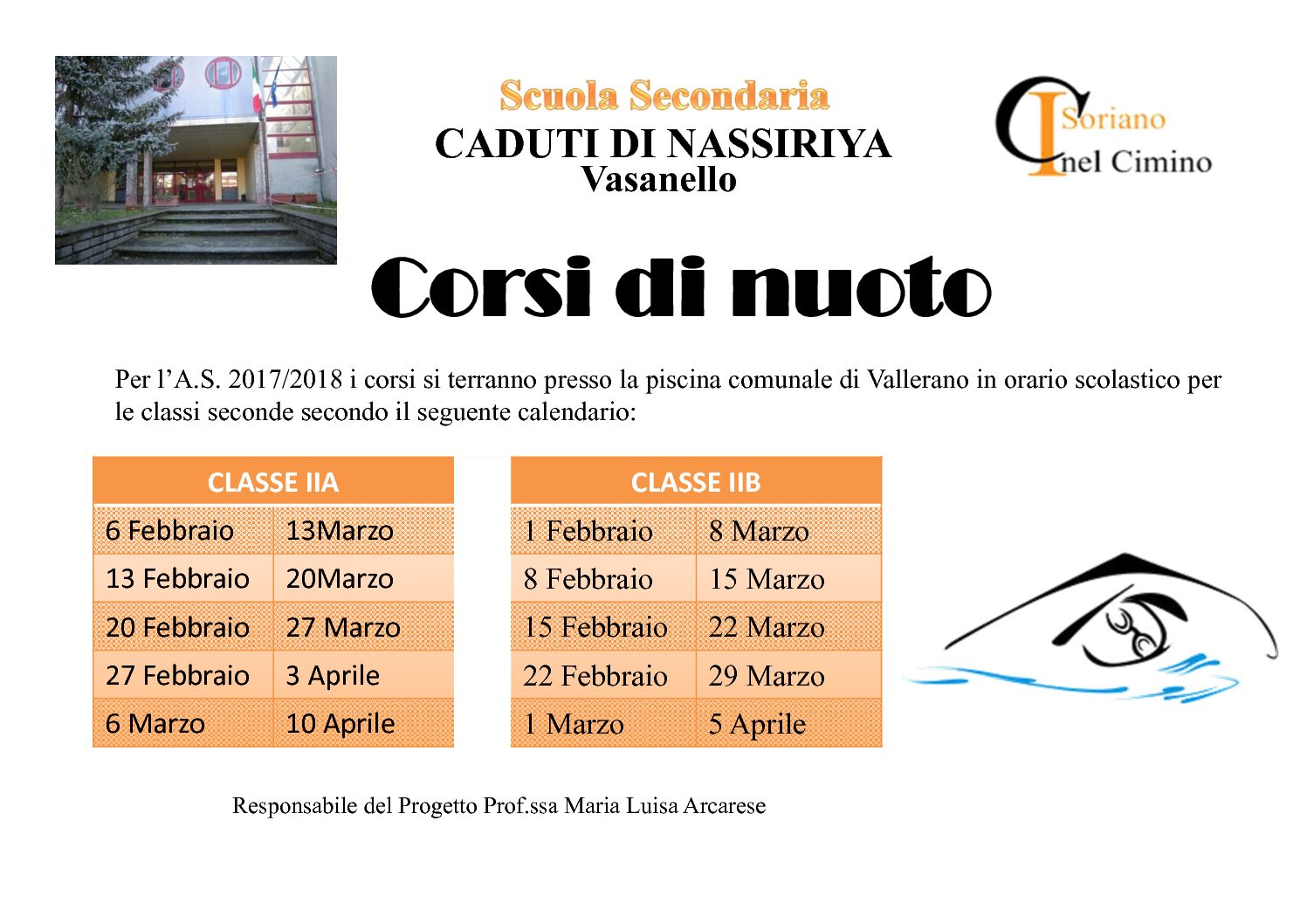 Calendario progetto “Piscina a scuola” della secondaria di Vasanello